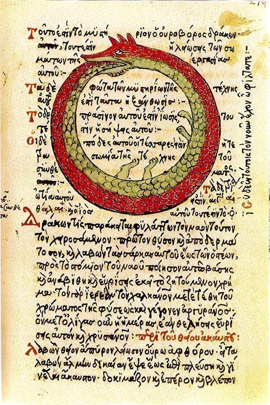 Fotoğraf 1: Uroboros, (1478). Geç ortaçağdan kalma Bizans Yunan simyası elyazmasından bir örnek.
