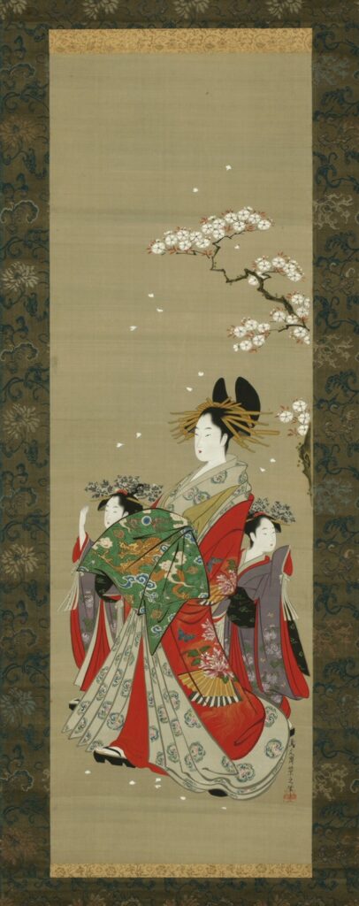 Ukiyo-e: chobunsai eishi (japanese, 1756 – 1829), three types of beauties in edo, set of three, 110. 8 cm x w. 35. 6 cm, 1770-1829